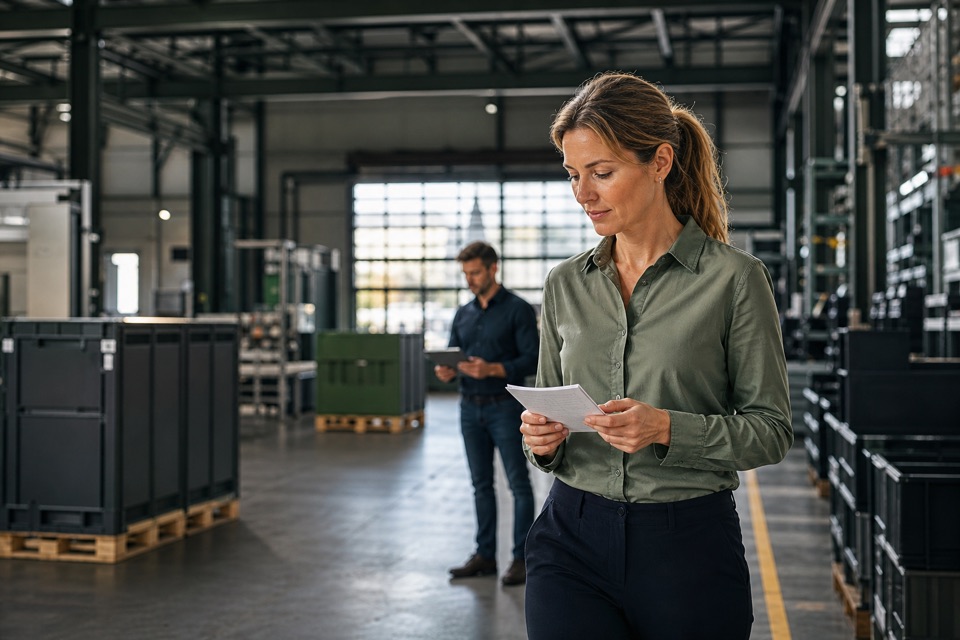 An operations manager reviewing work on a modern logistics floor